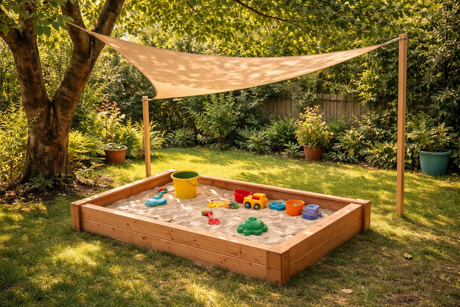 Sandkasten im Garten mit Sonnensegel